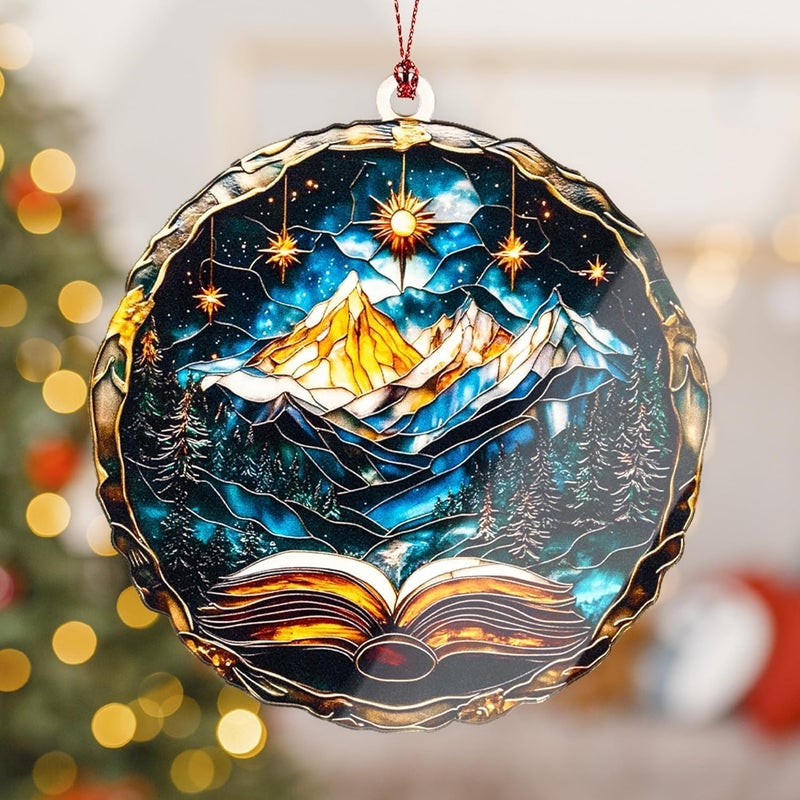 NELXI Fantasy Book Ornament 2025, Mountain Starry Night Christmas Ornament, Book Lover Gifts for Women Men, Unique Acrylic Suncatcher Ornament with Card, Secret Santa White Elephant Gift Idea - Image 3